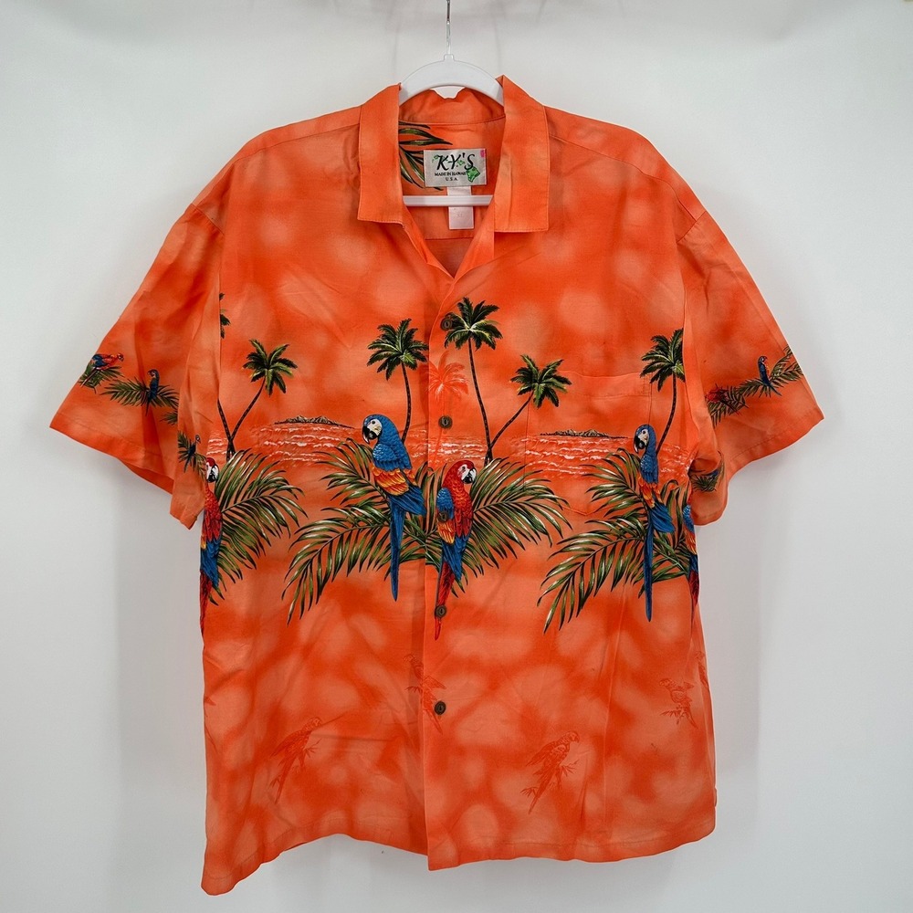 KY'S Mens‎  Tropical Parrot Hawaiian Aloha Shirt Size XL Made in Hawaii Colorful